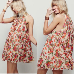 Free People Chiffon Floral Pleated Mini Dress S | Boho Romantic Flowy AS IS